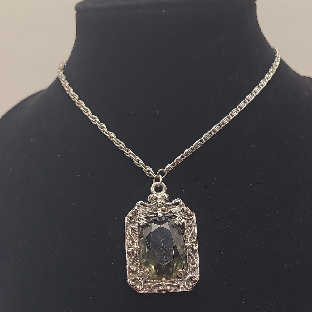 Vintage Goldette Victorian Revival Smoky Topaz Glass Pendant Necklace